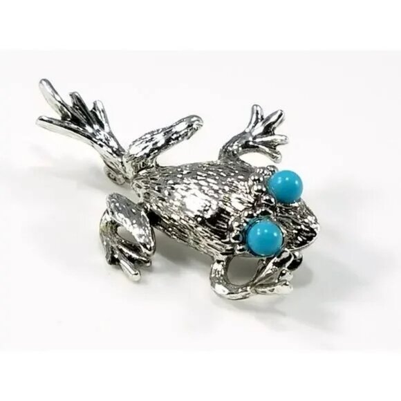 Vintage Frog Brooch, Faux Turquoise, Silver Tone, Emmons 1970s Jewelry. - Picture 2 of 4